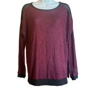 Tresics Womens Medium Maroon Black Striped Lightweight Sheer Detail Sweater Top